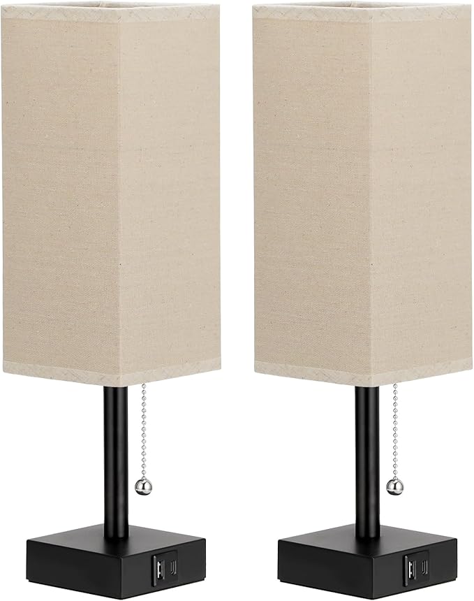 Beige Bedside Table Lamps Set of 2 - Square Bedroom Lamps with 3 Color Temperatures (3000K/5000K/4000K), Nightstand Lamps with USB C + A Charging Ports, Pull Chain Small Night Light for End Table