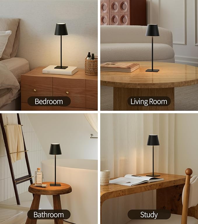 UME Cordless Table Lamp, Battery Operated Lamp - Portable Waterproof Rechargeable Table Lamp w/ 3 Color Temps & Stepless Dimming for Dinner, Desk, Cafe, Outdoor (Black)