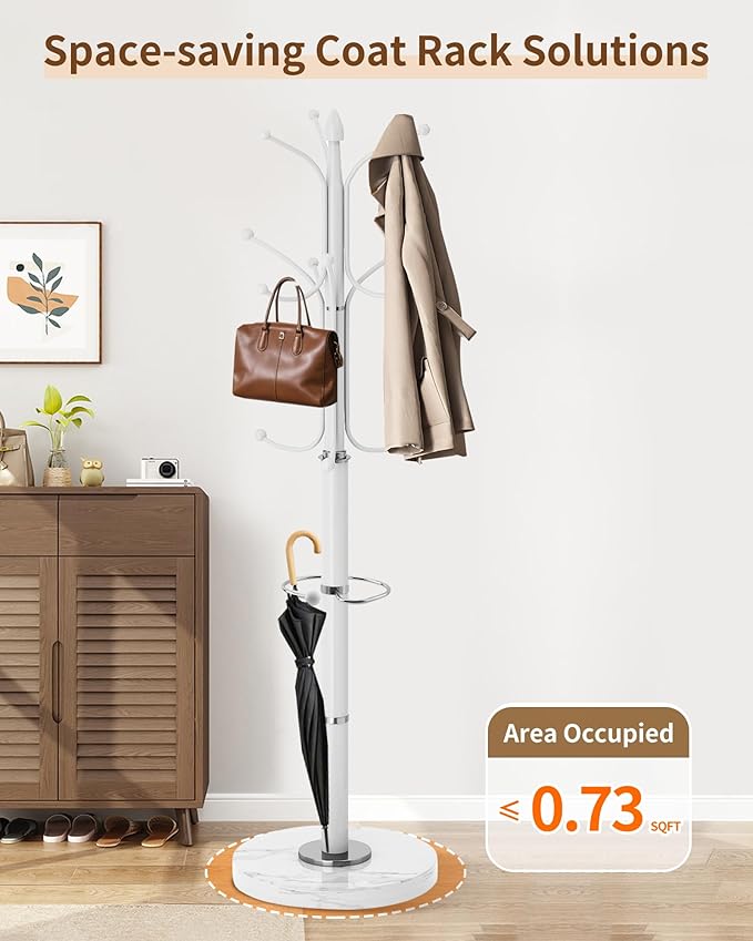 EZIVIEZ Modern Coat Rack Stand, Metal Freestanding Coat Rack with Natural Marble Base, Heavy-Duty Coat Racks with Umbrella Holder,White Coat Hanger Stand with 12 Hooks for Office, Entryway, Hallway