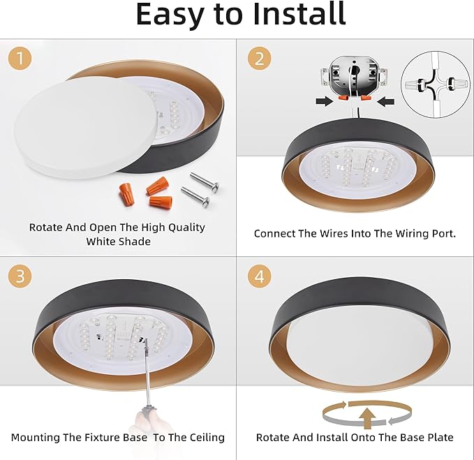 Hlite 13 inch Ceiling Light Fixture,Black LED Flush Mount Ceiling Light with Gold Inside,3000K/Warm White/24W,Dimmable 1920LM Indoor Room Decorative Modern Ceiling Lights for Bedroom Kitchen(1 Pack)