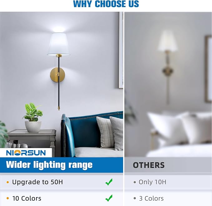 NIORSUN Battery Operated Wall Sconce Set of 2,Black-Gold Rechargeable Wall Lights with 5200mAh Dimmable Bulbs and Remote,10 Colors Wireless Wall Lamps for Bedroom Living Room Hallway Decor