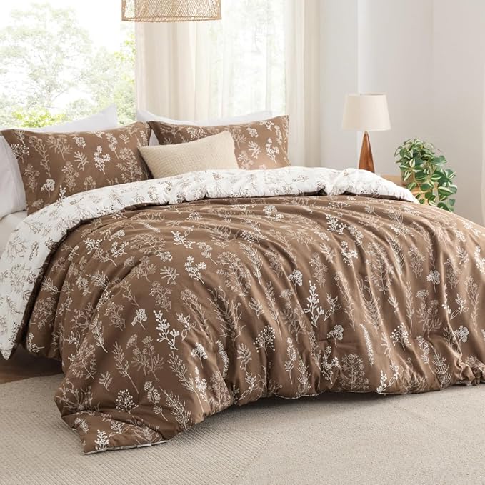 Bedsure King Comforter Set - Brown Bed Set, 3 Pieces Cute Floral Bedding, 1 Soft Reversible Botanical Flowers Comforter and 2 Pillow Shams