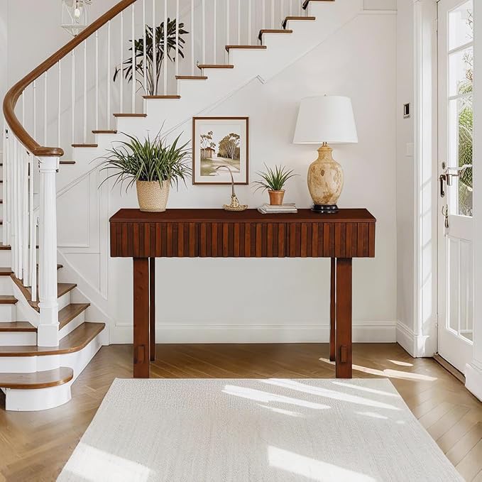 52" Console Table, Solid Wood Fluted Sofa Table Behind The Couch, Mid Century Farmhouse Entryway Table with 3 Drawers for Entrance, Hallway, Living Room, Foyer (Cherry)