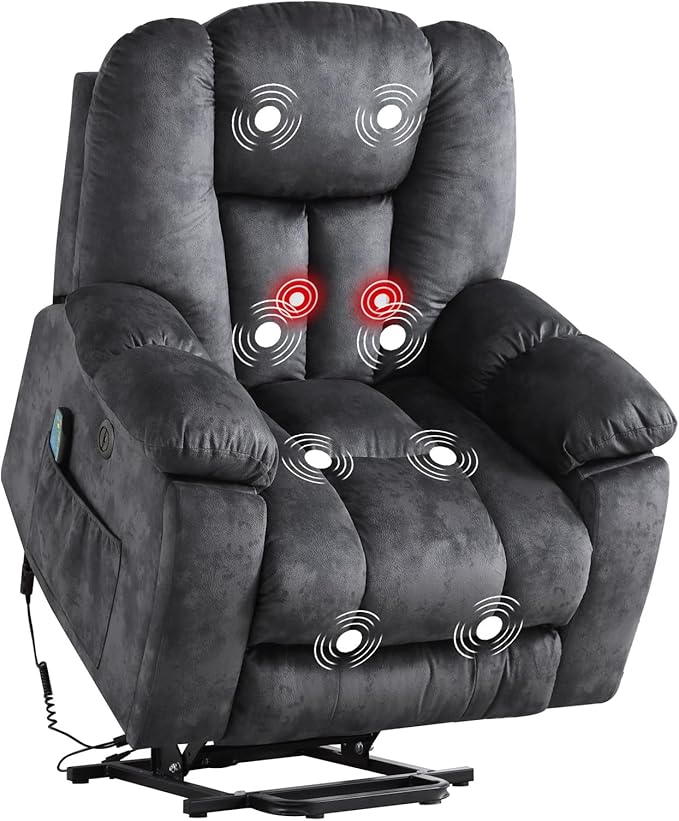 CANMOV Large Power Lift Recliner Chair with Massage, Heat, and USB for Elderly, Overstuffed Wide Recliners, Heavy Duty and Safety Motion Reclining Mechanism, Gray