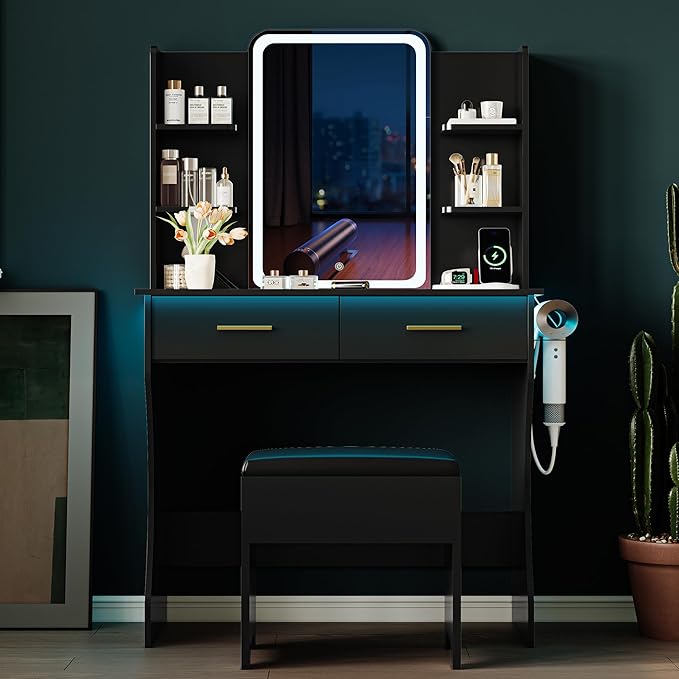 Vanity Desk with LED Lights Mirror & Power Outlet, Small Makeup Vanity Table Set with Storage Drawers & Chair, 3 Lighting Modes & Adjustable Brightness, Dressing Table for Women Girls Bedroom, Black