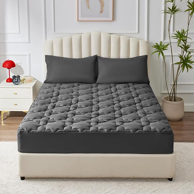 CozyLux California King Mattress Pad Deep Pocket up to 21" Non Slip Cotton Cooling Mattress Topper Breathable and Soft Quilted Fitted Mattress Cover Thick Pillowtop 450GSM Bed Mattress Pad Dark Grey