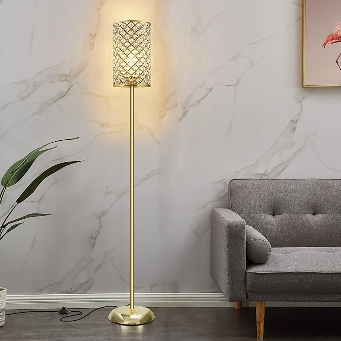 Gold Floor Lamp,Elegant Crystal Floor Lamp Modern Standing Lamp with On/Off Foot Switch,Tall Pole Accent Lighting for Living Room, Girl Bedroom, Dresser, Office
