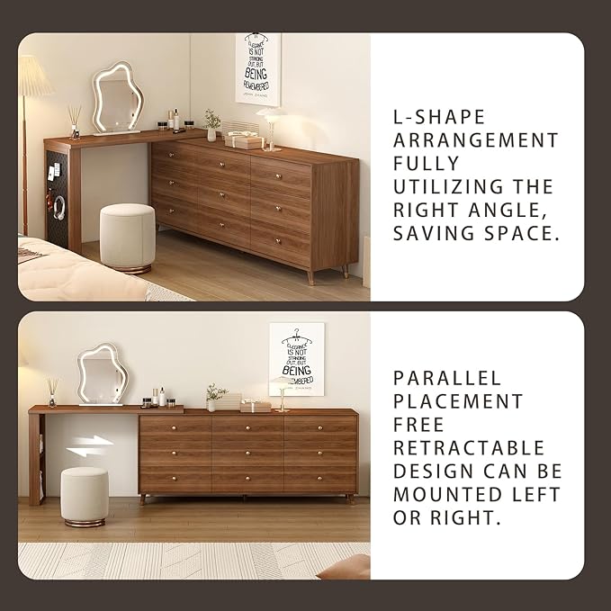 Makeup Vanity Desk with Cloud HD Lighted Mirror,70-110in Extendable Modern Vanity Table, 9-Drawer Solid Wood Frame Storage Cabinet, Dressing Table for Bedroom, Brown