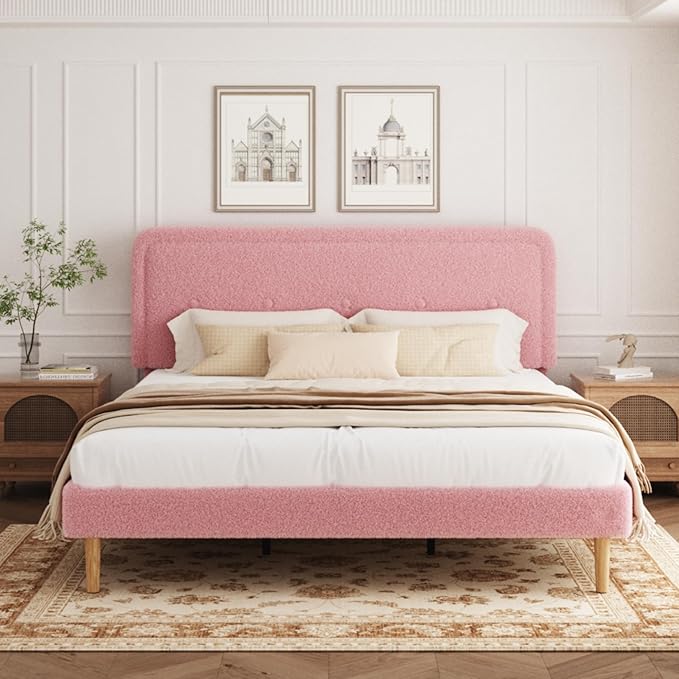 King Size Boucle Platform Bed Frame, Anti-Collision Soft Rounded Corners, Adjustable Headboard, No Box Spring Needed, Easy Assembly, Noise Free, Pink
