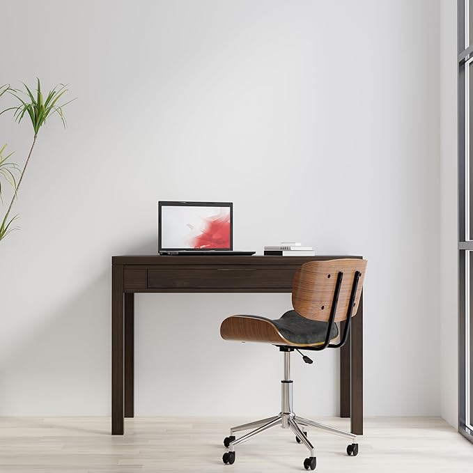 SIMPLIHOME Hollander Small Desk - 38-Inch Wide Solid Wood Writing Desk in Warm Walnut Brown, Contemporary Home Office Computer Table for Study or Compact Space with Flip-Down Keyboard Tray