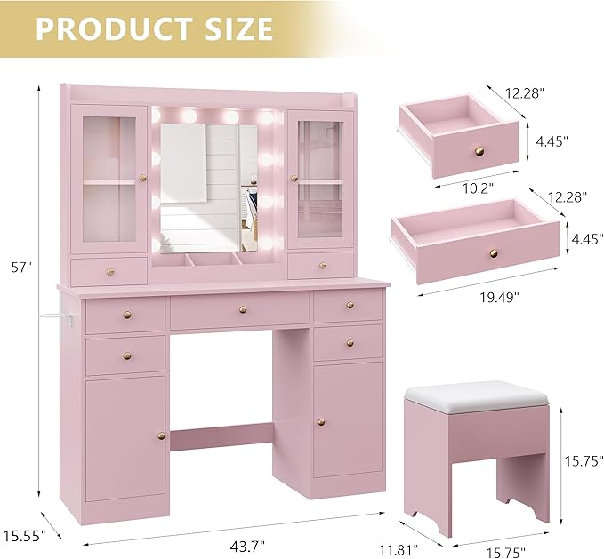 Makeup Vanity Desk with Mirror and Lights, Pink Vanity Table Set with Storage Drawers, Charging Station, Cabinets & Chair, Large Dressing Table with RGB Ambient Light for Women Girls Bedroom Bathroom