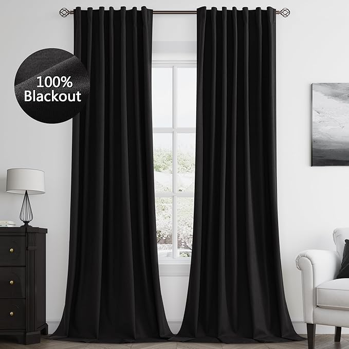 Guken Black Linen Blackout Curtains 108 Inch Length 2 Panels Set for Living Room Bedroom Back Tab Thermal Insulated 100% Black Out Linen Drapes Room Darkening Window Curtains 108 Inches Long