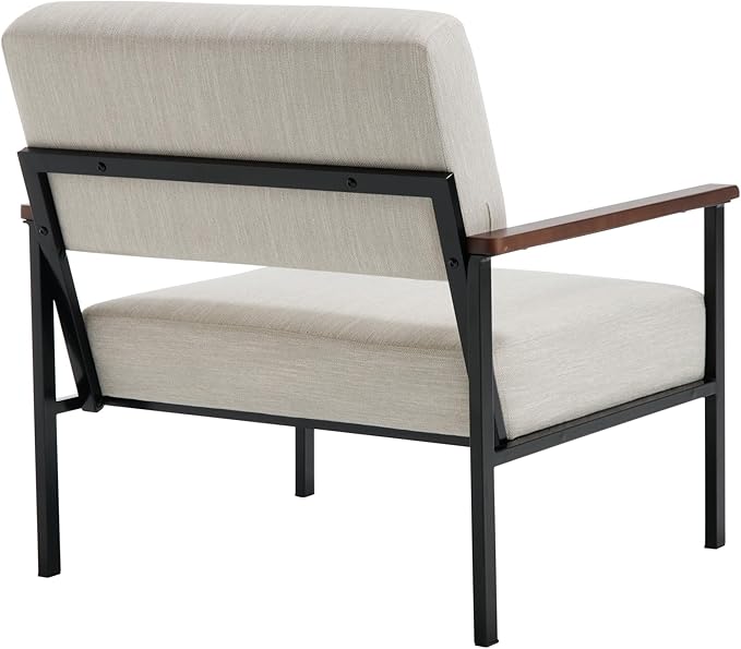Set of 2 Mid Century Modern Accent Chair Arm Chairs, Comfy Armchair Linen Upholstered with Black Metal, Beige