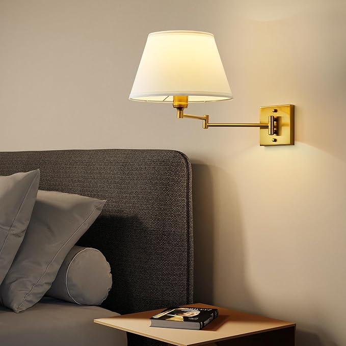 Battery Operated Wall Sconces Set of Two with Remote Control, Rechargeable Cordless Swing Arm Wall Lamp, Dimmable/3 Colors/9 RGB/Night Light/Timer, Gold Wireless Wall Sconces, No Hardwired