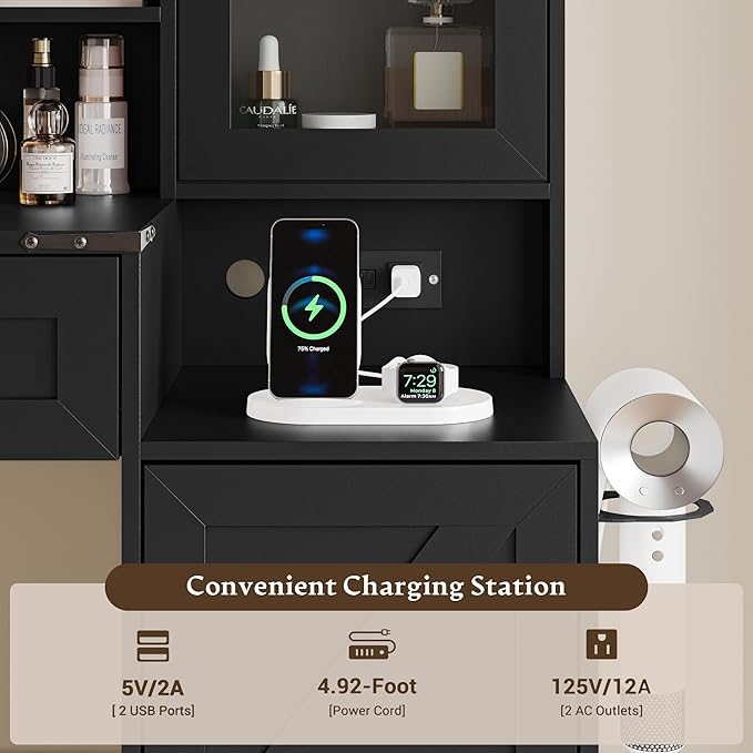 Black Vanity Desk with Mirror and Lights, Farmhouse Makeup Vanity Desk with Lighted Mirror & Power Outlet, RGB Glass Cabinet, Makeup Dressing Table with 3 Lighting Modes for Bedroom