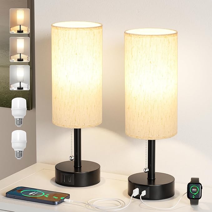 USB Bedside Table Lamps Set of 2-3 Color Temperatures Pull Chain Lamp with USB C and A Charging Ports, Round Night Stand Lamps for Bedroom