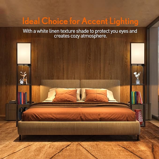 OUTON Floor Lamp with Shelves, LED Shelf Floor Lamp with USB & Type C Ports, 1 AC Outlet, 3 Color Temperature, Storage Display Wood Column Tall Standing Lamp for Living Room, Bedroom Office, Walnut