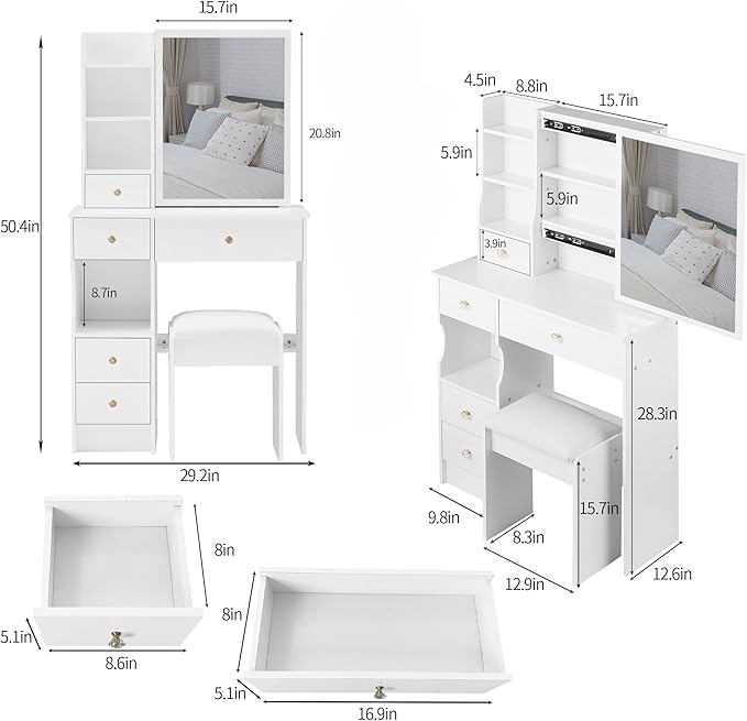 29.2" Small Vanity Desk with Mirror, Makeup Table with Sliding Mirror, Dressing Table with Multi Layer Capacity Storage, Vanity Set with 5 Drawers and Stool for Small Space Bedroom, White