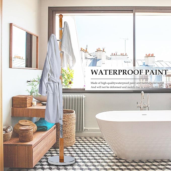 Wood Coat Rack Freestanding, Natural Coats Tree Stand with 14 Hooks, 73" Sturdy and Easy Assembly Coat Rack Stand for Entryway, Hallway, Bedroom, Bags, Hats (Metal Disc Base, Swivel Hook)