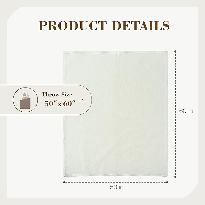 Carriediosa Wool Blend Knit Throw Blanket 50" X 60", 50% Recycled Polyester Soft Cable Knitted Fluffy Throws for Couch Lightweight Woven Blankets for Sofa Fuzzy Cozy Bed Cover, Vanilla Cream