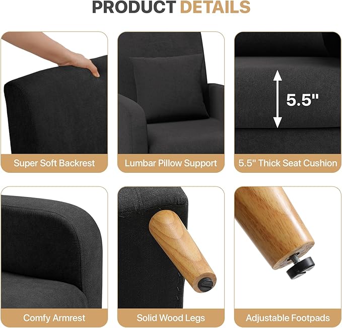 Magshion Mid-Century Accent Chair for Living Room, Comfy Reading Chair for Bedroom, Upholstered Linen Fabric Armchair Single Sofa with Back Pillow & Wood Legs, 300 lbs Capacity, Black