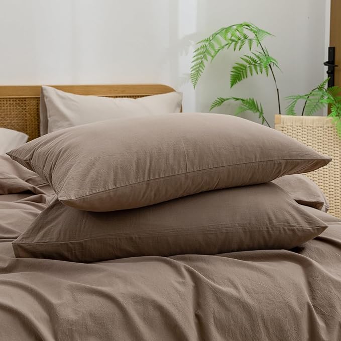 BESTOUCH Duvet Cover Set 100% Washed Cotton Linen Feel Super Soft Comfortable Chic Lightweight 3 PCs Home Bedding Set Solid Pine Bark Brown Queen