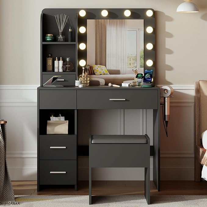 Vanity Desk with Mirror and Lights, 3 Adjustable Lighting Makeup Vanity Desk with 3 Storage Shelves, 5 Large Drawers and Power Outlet, Vanity with Chair for Bedroom, Black
