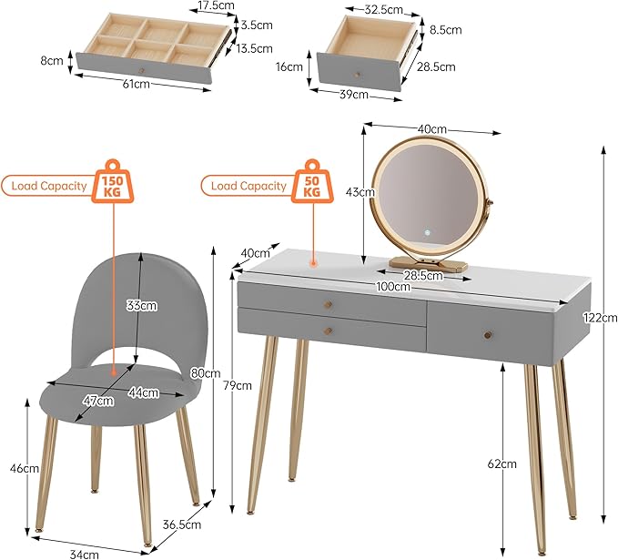 Modern Vanity Desk with Mirror and Lights, 39" Gray Makeup Vanity Set with Adjustable Chair & Drawers, White and Gold Dressing Table for Small Spaces & Bedroom