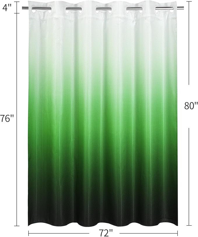 MitoVilla Emerald Green Ombre Long Shower Curtain 72 x 80, No Hooks Needed 80 inch Long Heavyweight Waffle Fabric Shower Curtain Set with Snap-in Liner for Hotel Grade Spa-Like Bathroom Decor