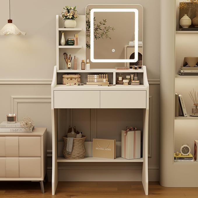 Small Vanity Desk, Makeup Vanity with Mirror and Lights, Vanity Desk with Drawer & 3 Storage Shelves, White Makeup Vanity Desk with Lights for Bedroom