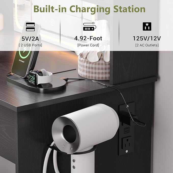 Small Vanity Desk with Mirror and Lights, Makeup Vanity with LED Lights, Black Vanity Mirror with Lighted Desk and Chair, 3 Lighting Adjustable Compact Dressing Table with Mirror for Women, Girls