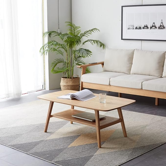 Wood Coffee Table - 100% Solid Oak Wood - Double Storage Coffee Table, Eco-Friendly Finish Center Table - Easy Assembly (Natural, 47.24" D x 22.04" W x 17.32" H)