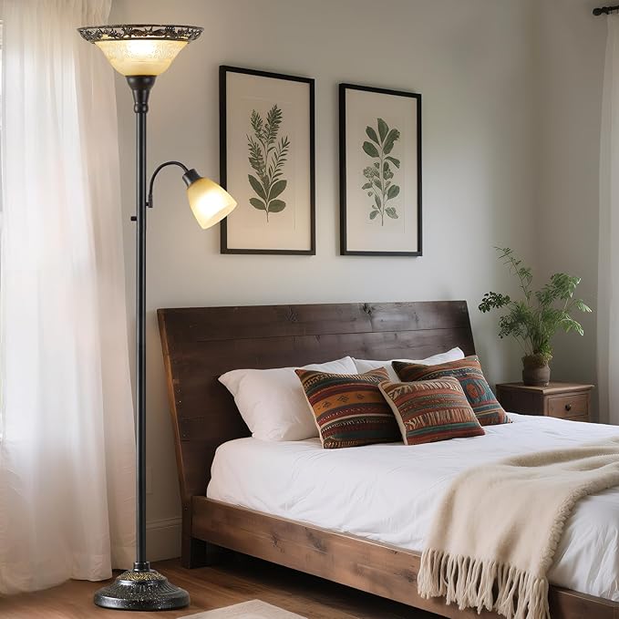 Luvkczc Torchiere Floor Lamps for Living Room, 70" Lamps for Living Room with Etched Glass Shade, Metal Pole & Heavy Base, Vintage Standing lamp Decor for Bedroom, Living Room, Office