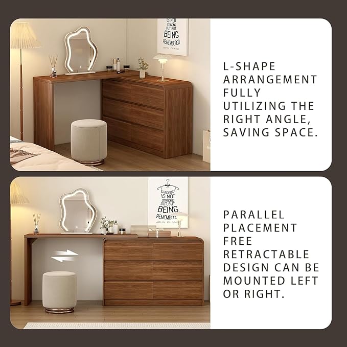 Makeup Vanity Desk with Cloud Shape Touch Screen Mirror, 50-94 in Adjustable Vanity Table Set with Chair, Bedroom Elegant Dressing Table for Women with 6-Drawer Rounded Corners Storage Cabinet, Brown