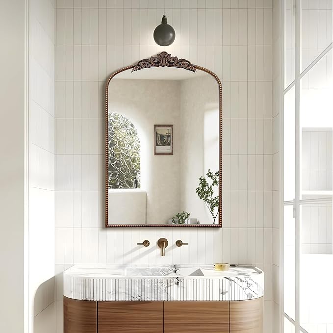 Micasso Traditional Ornate Metal Frame Arch Wall Mirror Baroque Vintage Vanity Mirror for Bathroom, Mantel, Bedroom, Antique Bronze 36"x 24"