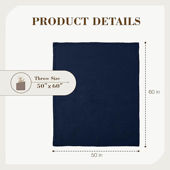 Carriediosa Wool Blend Knit Throw Blanket 50" X 60", 50% Recycled Polyester Soft Cable Knitted Fluffy Throws for Couch Lightweight Woven Blankets for Sofa Fuzzy Cozy Bed Cover, Indigo Blue