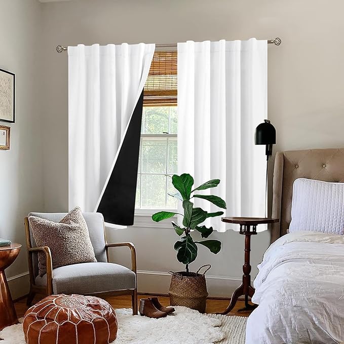 BGment Pure White 100% Blackout 48 Inch Curtains for Small Window, Rod Pocket and Back Tab Double Layer Black Out Thermal Insulated Room Darkening Curtain for Kitchen, 2 Panels, Each 42 x 48 Inch