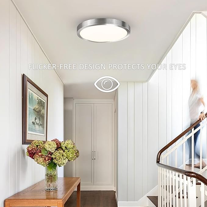 10 Inch Flush Mount LED Ceiling Light Fixture, Slim Dimmable Flush Mount Light for Kitchen, Metal and Glass Modern Ceiling Light for Low Ceiling, Bedroom, Laundry, Brushed Nickel, 17W, 3000K, 2 Pack