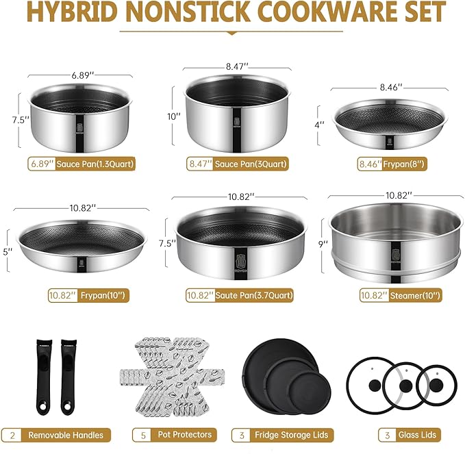 ROYDX New Model Hybrid Nonstick Cookware Set 19-Piece Stainless Steel Pots and Pans Set with Removable Handles, Save Space,Dishwasher and Oven Safe, Induction Ready, Compatible with All Cooktops