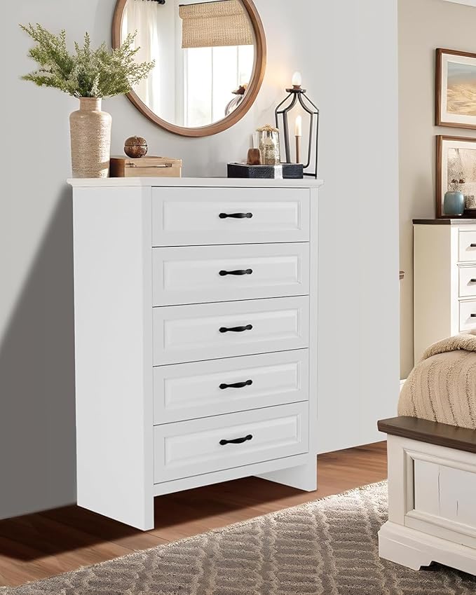 Pipishell White 5 Drawers Dresser Chests for Bedroom, 42.7 Inch Tall Wooden Dresser, Modern Storgae Organizer with Large Drawers & Bar Handles for Bedroom, Entryway, Hallway, White