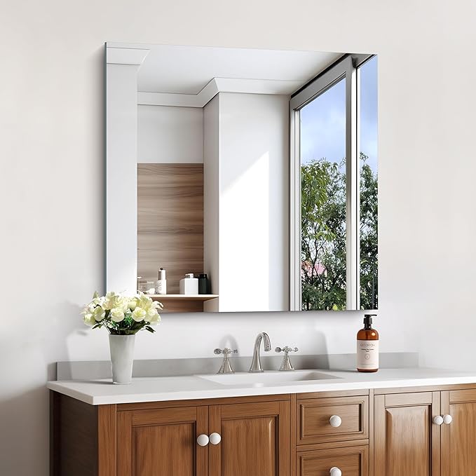 KOCUUY Frameless Mirror, 30"x30" Square Rectangle Vanity Mirror for Over Sink, Upgraded Shatterproof Unframed Design for Bedroom, Living Room, Entryway