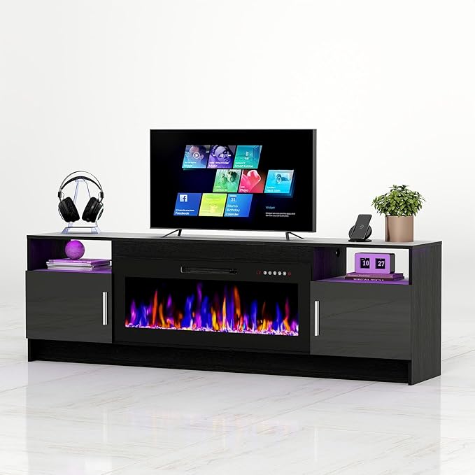 Ludatido 70 Inch TV Stand with 36 inch Electric Fireplace 27 LED Light Entertainment Center for TVs Up to 80" Black Modern Wood Media TV Console with Highlight Cabinet for Living Room Black