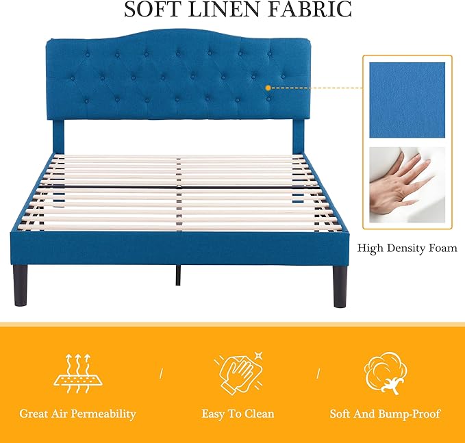 VECELO Queen Size Platform Bed Frame with Fabric Upholstered Headboard and Wooden Slats Support, No Box Spring Needed/Easy Assembly,Blue