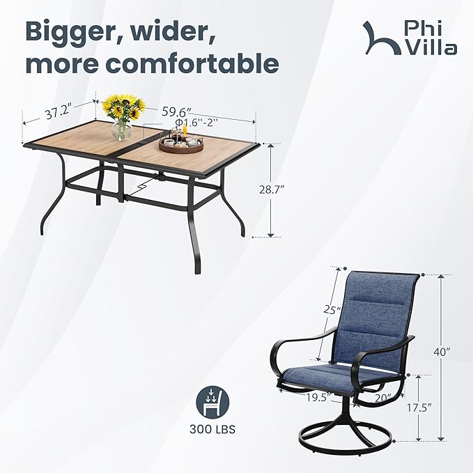 PHI VILLA 7 Piece Patio Dining Set, 6 Swivel Patio Chairs with Padded Textilene Fabric & Rectangular Dining Table (1.6" Umbrella Hole), All Weather Patio Chairs and Table Set for Deck Lawn (Blue)