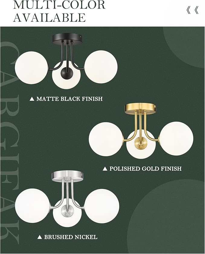 3-Globe Brushed Nickel Semi Flush Mount Ceiling Light in a Modern Farmhouse Design is Ideal for Living Rooms, Bedrooms, or Dining Rooms. Model:CKCL4845-3W-BN