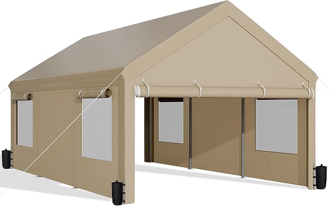 JAMFLY Carport, 12x20 ft Heavy Duty Carport with Roll-up Windows, Portable Garage with Removable Sidewalls & Doors, Car Canopy with Sandbags and All-Season Tarp for Car Boat Truck Motorcycle, Khaki