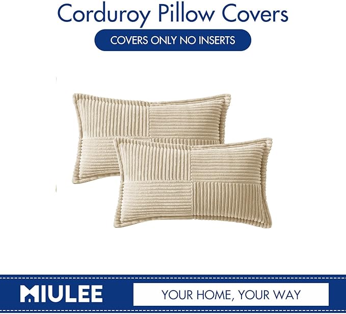MIULEE Decorative Lumbar Throw Pillow Covers for Couch Bed Livingroom 12x20 Inch Set of 2 Cream Boho Accent Throw Pllows Broadside Striped Patchwork Soft Corduroy Pillowcases