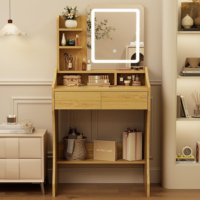 Small Vanity Desk, Makeup Vanity with Mirror and Lights, Vanity Desk with Drawer & 3 Storage Shelves, Wood Makeup Vanity Desk with Lights for Bedroom, Natural