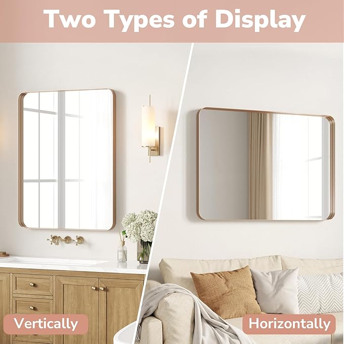 USHOWER Gold Bathroom Mirrors 22"x30" 2 Pack, Brushed Gold Rounded Rectangle Mirrors for Over Sink, Aluminum Frame, Anti-Rust, Tempered Glass, Horizontal or Vertical Mounted