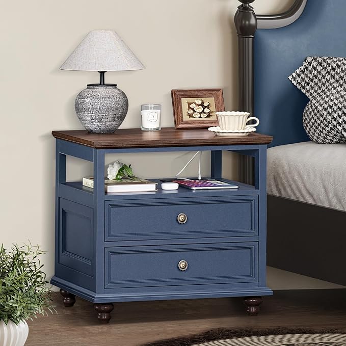 Farmhouse Nightstand with Charging Station, 24" Wide End Table with 2 Drawers, Blue Dresser for Bedroom, Bed Side Table Chest of Drawers Cabinet,Wood Night Stand for Living Room, Closet